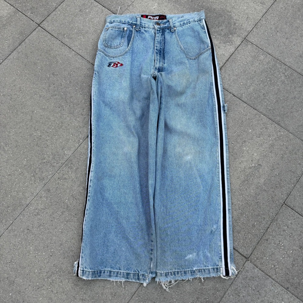 Vintage Plugg Wide Leg Skater Jeans Light Wash Side Stripe Baggy Y2K 31x27